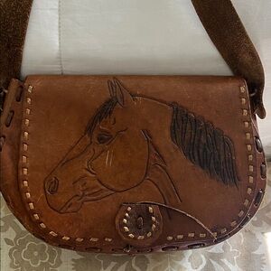Brown Leather Horse Design Shoulder Bag